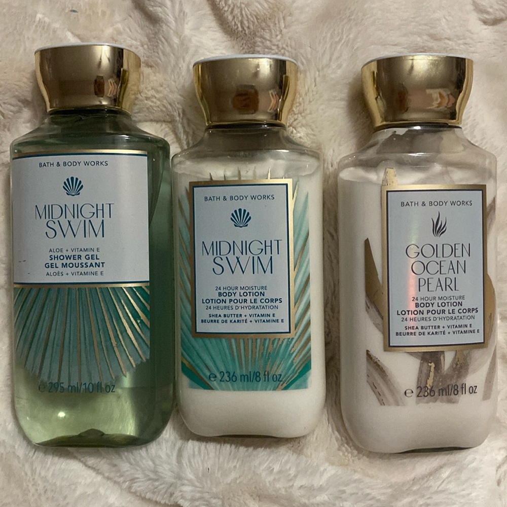 BBW midnight swim shower gel and body lotion, golden ocean Pearl body lotion